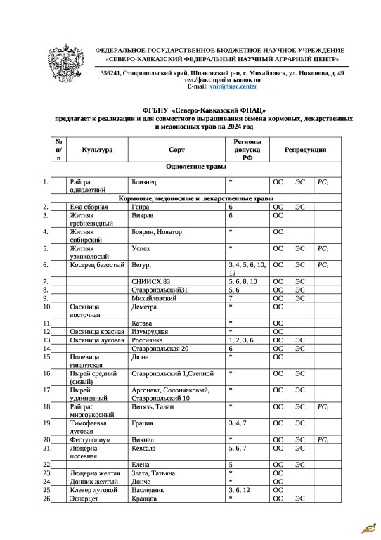 СЕМЕНА ЗЕРНОВЫХ СТАВРОПОЛЬСКОЙ СЕЛЕКЦИИ