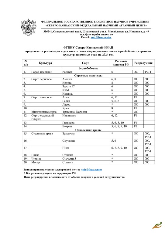 СЕМЕНА ЗЕРНОВЫХ СТАВРОПОЛЬСКОЙ СЕЛЕКЦИИ