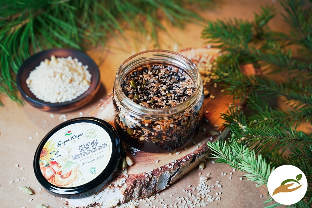 Микс из семечек (тыква, кунжут, подсолнечник) в сиропе из молодых сосновых шишек / ДАРЫ-ЮГРЫ-ХМАО / 250 гр