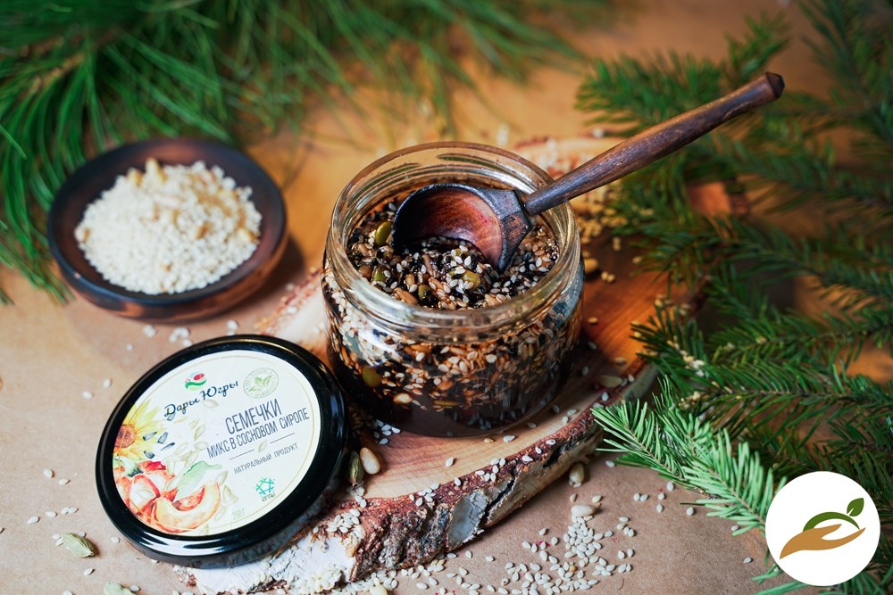 Микс из семечек (тыква, кунжут, подсолнечник) в сиропе из молодых сосновых шишек / ДАРЫ-ЮГРЫ-ХМАО / 250 гр