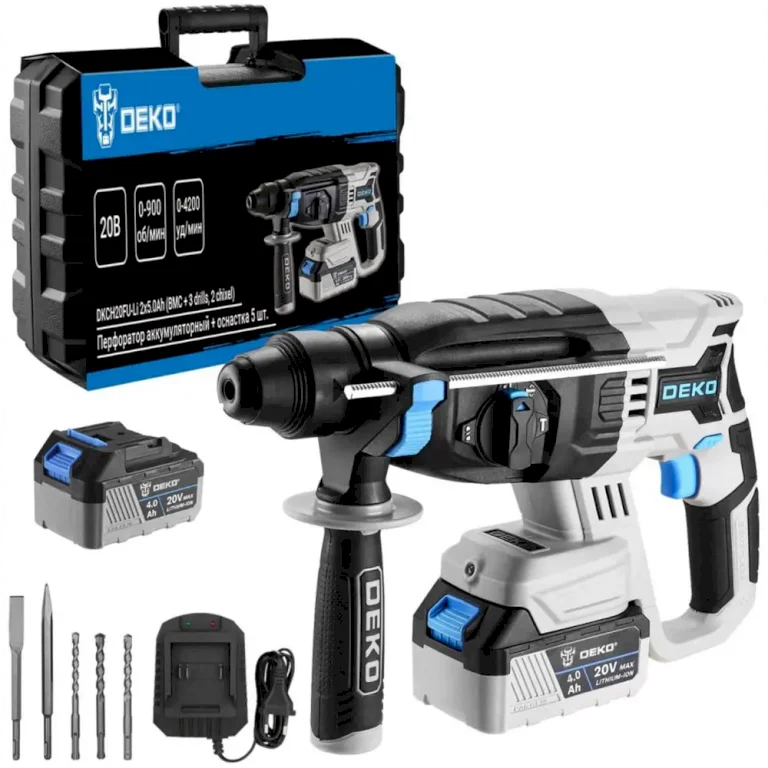 Перфоратор аккумуляторный бесщеточный SDS-plus Deko DKCH20FU-Li, 20 В Li-ion 2x4 Ач, 3 Дж